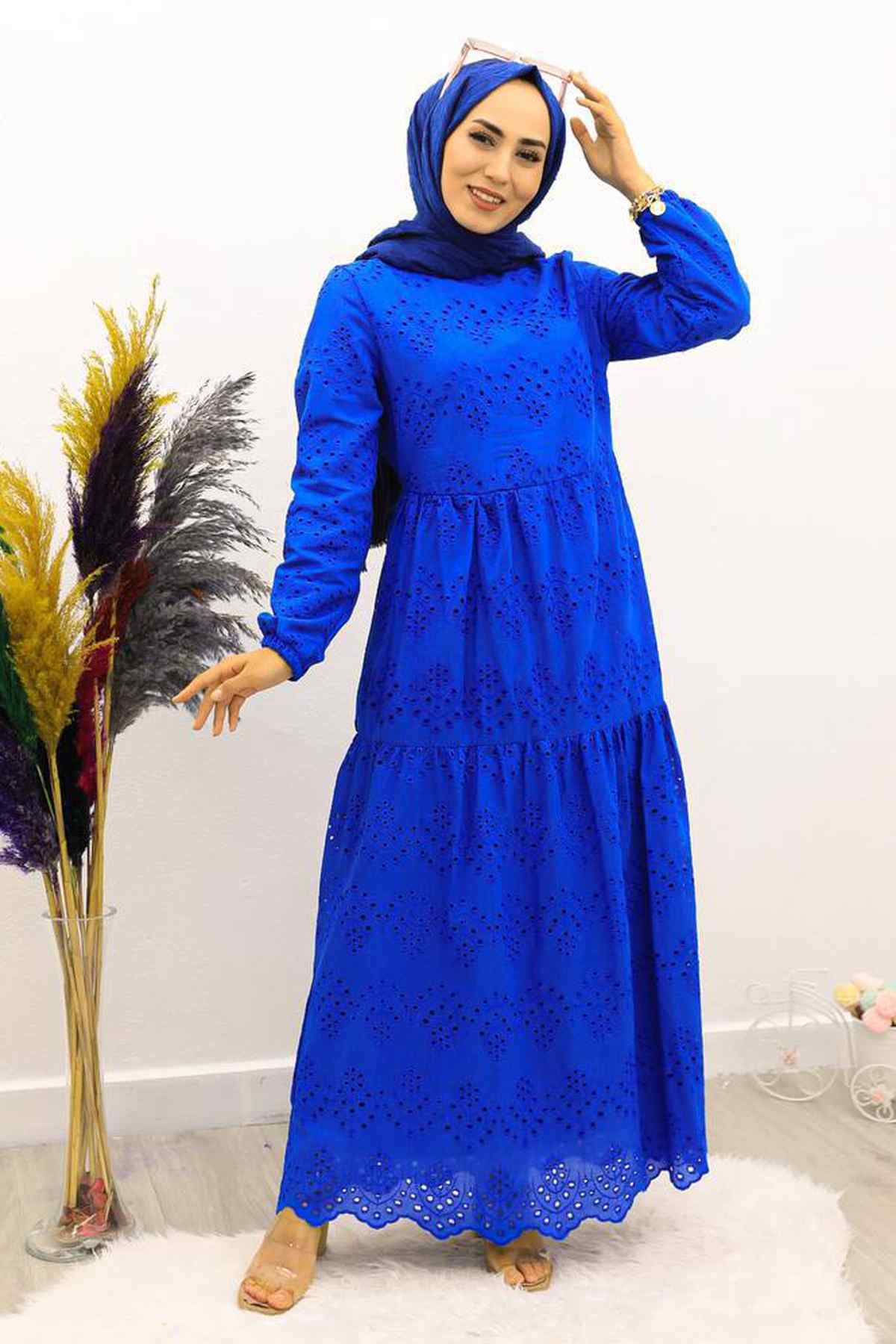 Güpürlü Elbise Boydan Astarlı Pamuk Kumaş Saks Mavi