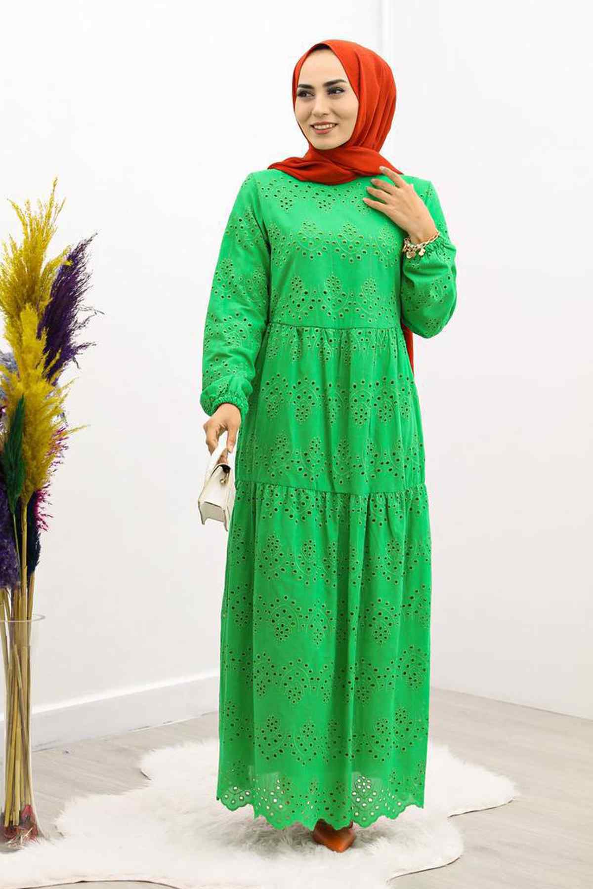 Güpürlü Elbise Boydan Astarlı Pamuk Kumaş Yeşil