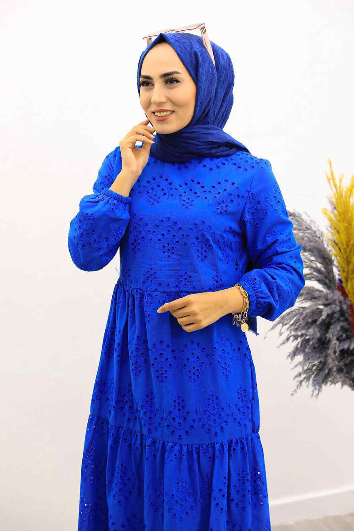 Güpürlü Elbise Boydan Astarlı Pamuk Kumaş Saks Mavi