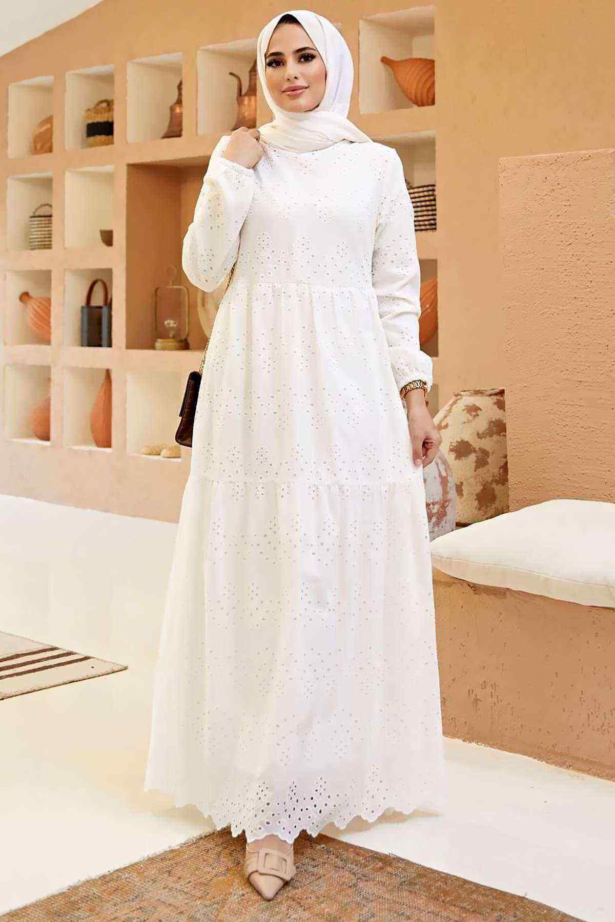 Güpürlü Elbise Boydan Astarlı Pamuk Kumaş Beyaz Dar Kalıp
