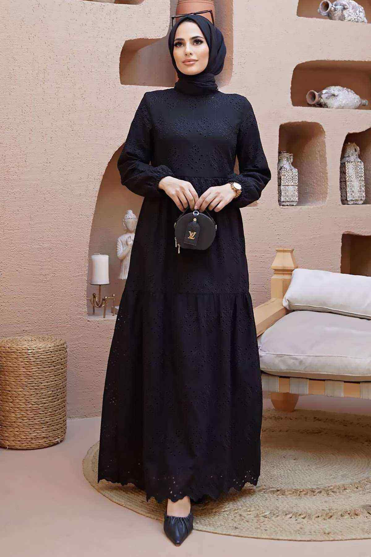 Güpürlü Elbise Boydan Astarlı Pamuk Kumaş Siyah