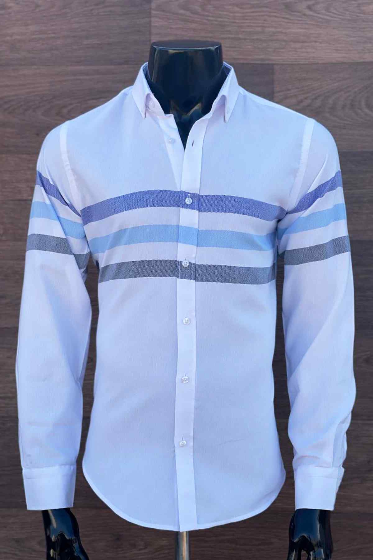 Erkek Slimfit Gömlek 3 Çizgili Mavi-Beyaz